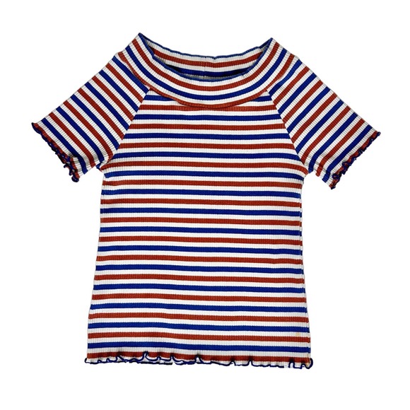 Cute 60s / 70s Colored Striped Lettuce Trim Casual Blouse Top XS - Picture 1 of 6